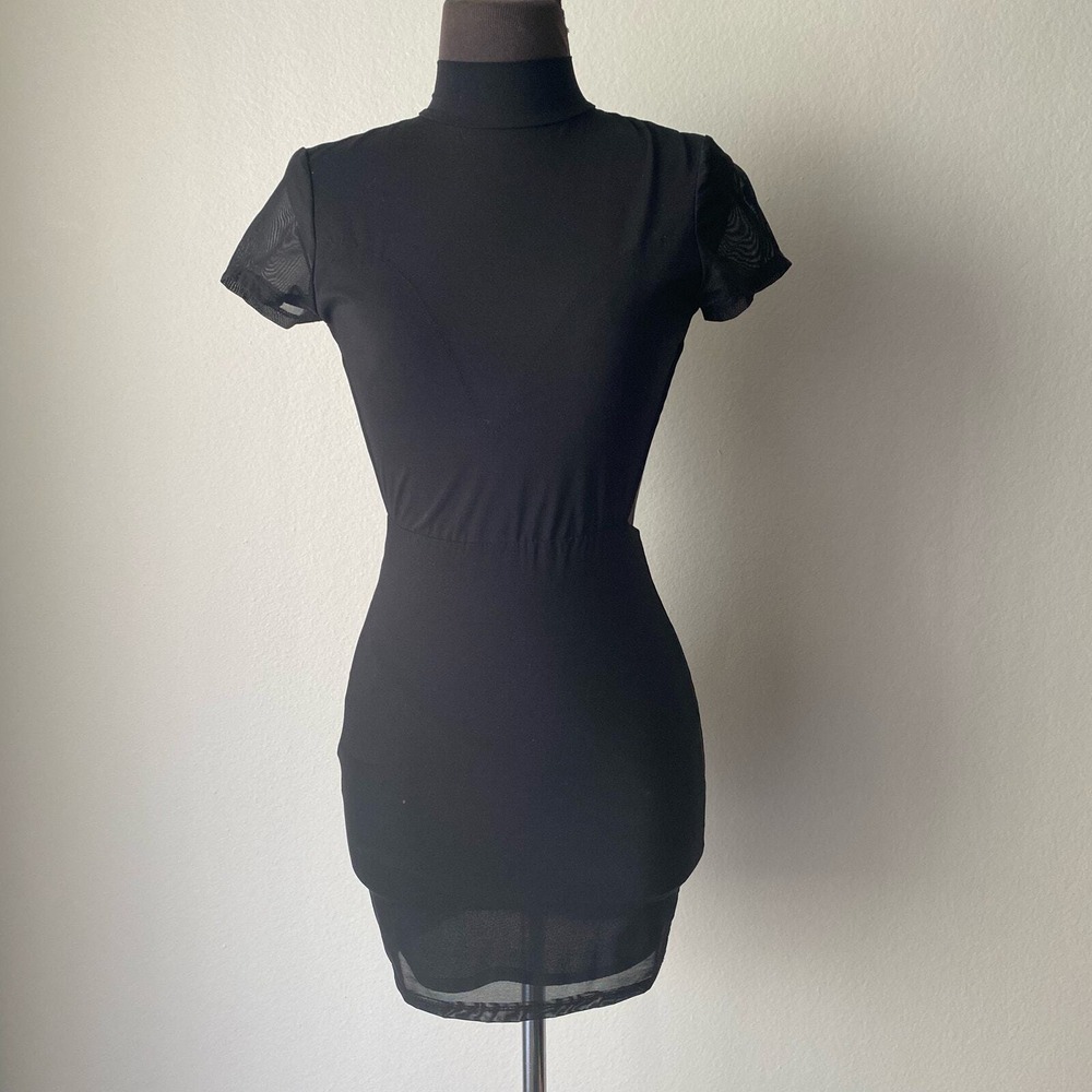 Lucy in the Sky Black Mesh Sheer Turtleneck Bodycon Mini Dress sz S Whimsigoth